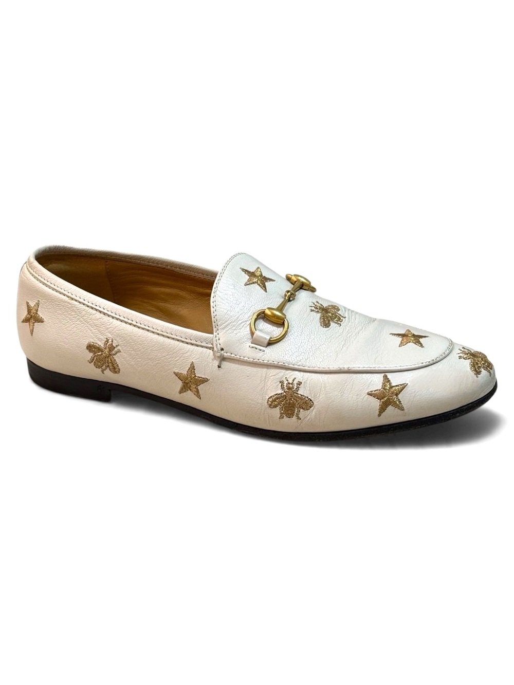 Gucci Bee and Star Embroidered White Leather Jordaan Loafers Size 38.5